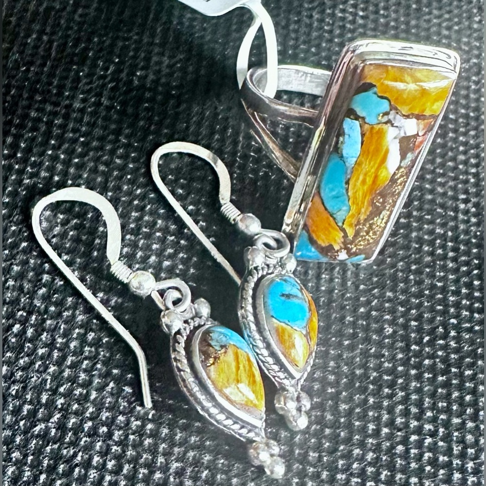Kingman Turquoise and Spiny Oyster Ring 8 and perfectly matching Earrings SS NWT - Picture 5 of 7